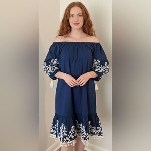 DEBBIE KATZ Boho Blue Off Shoulder Embroidered Pompoms Tassels Dress Cover Up S